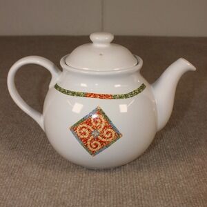 Corelle Coordinates Chutney Stoneware Teapot White Ceramic Orange Green Diamond